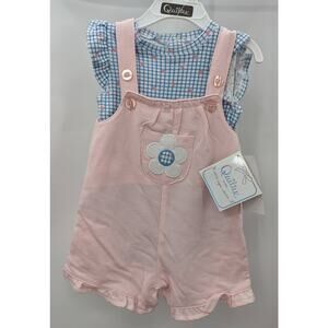 Quiltex Shortalls Pink Suspender Blue Plaid Floral Top 2 Piece Outfit 3-6 Months